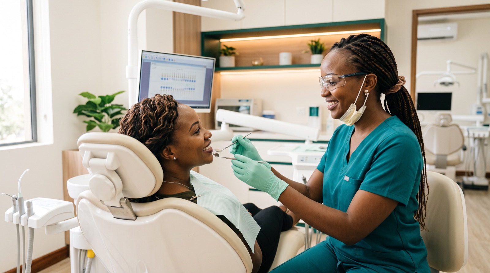 A dentist examining a smiling patient