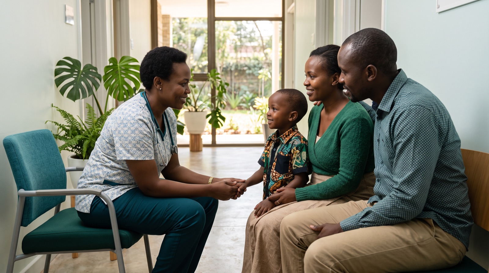 A nurse greeting a young child with their parents at a child welfare clinic