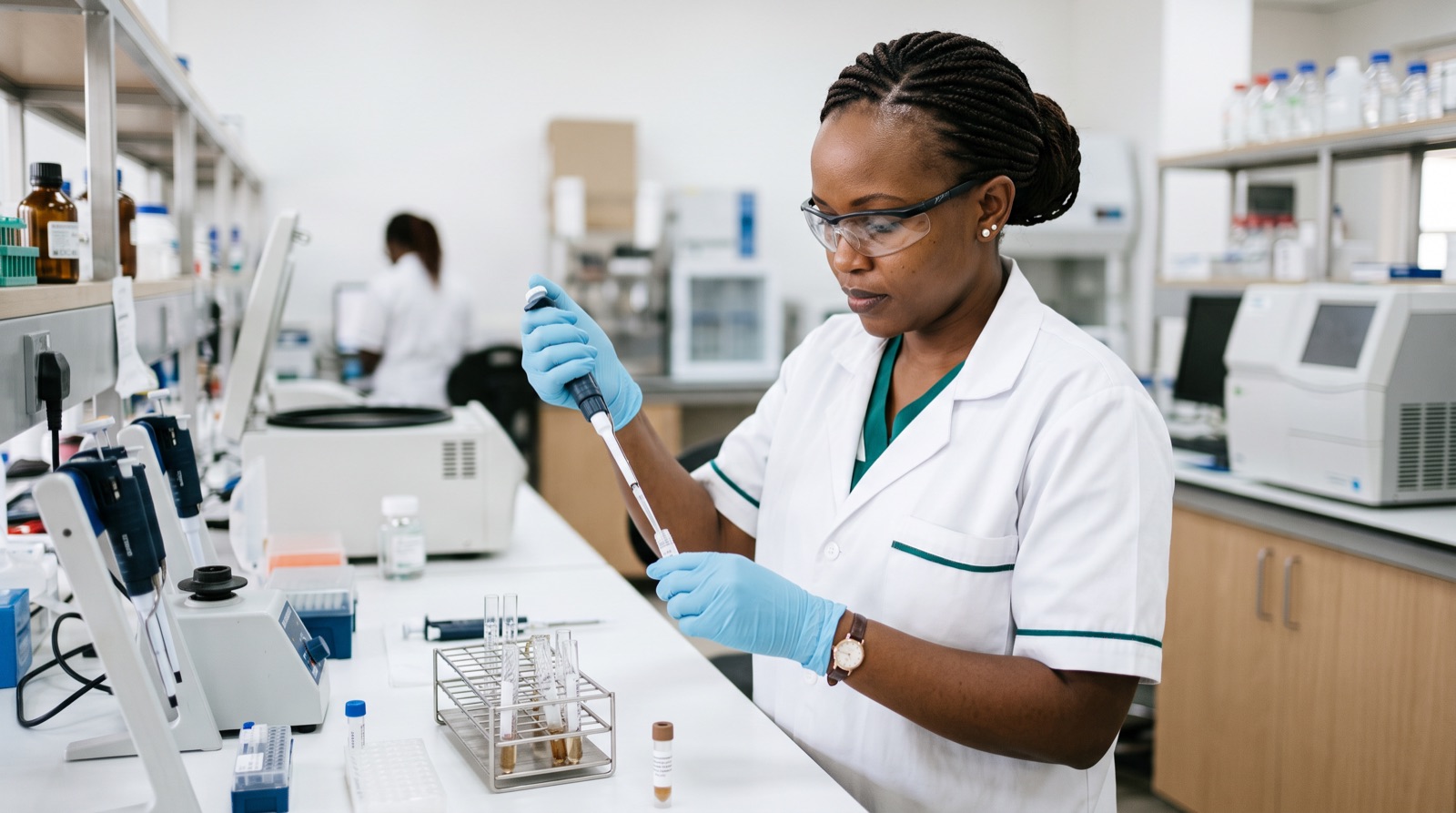 A laboratory scientist analysing samples