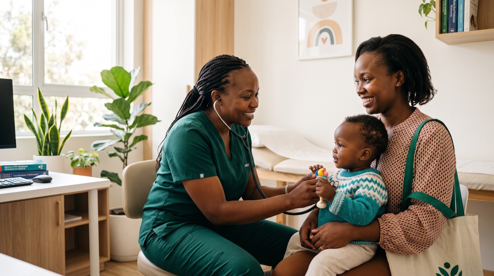 A nurse examining a baby held by their mother